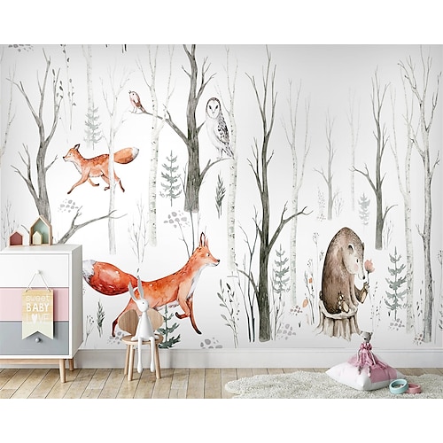 

Mural Cartoon Animal Forest Map Is Suitable For Hotel Living Room And BedroomCanvas Material Self adhesive Wallpaper Mural Wall Cloth Room Wallcovering