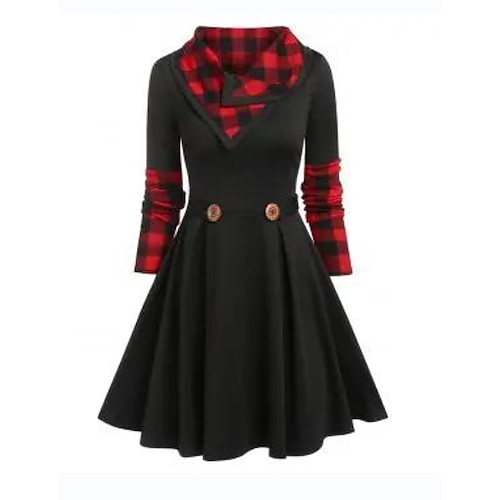 

Women's Casual Dress Swing Dress Vintage Dress Midi Dress Black Long Sleeve Plaid Button Winter Fall Spring V Neck Modern Christmas Vacation Weekend 2022 S M L XL XXL 3XL