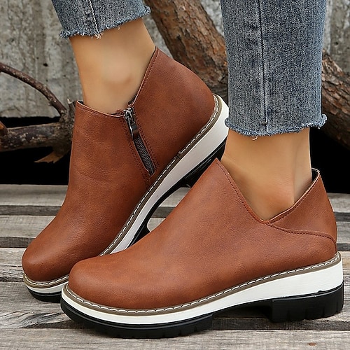 

Women's Boots Daily Plus Size Booties Ankle Boots Winter Block Heel Round Toe Casual Minimalism PU Leather Zipper Solid Colored Khaki Brown