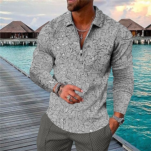 

Men's Collar Polo Shirt Golf Shirt Graphic Prints Geometry Turndown Black Yellow 3D Print Outdoor Street Long Sleeve Zipper Print Clothing Apparel Fashion Designer Casual Soft