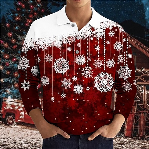 

Men's Collar Polo Shirt Golf Shirt Graphic Prints Snowflake Turndown Green Wine 3D Print Christmas Street Long Sleeve Button-Down Print Clothing Apparel Fashion Designer Casual Soft