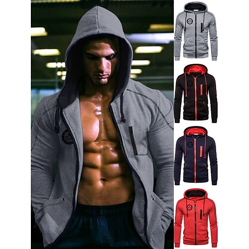 

Men's Workout Shirt Hoodie Full Zip Long Sleeve Tee Tshirt Athletic Winter Thermal Warm Breathable Quick Dry Running Jogging Training Sportswear Activewear Stripes Light Grey Dark Navy Red