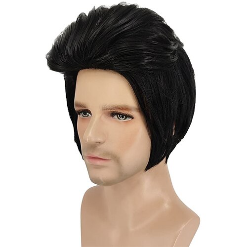 

Wig Costume Short Black Wigs for Men with Glasses 70s Costume Wig Cute Natural Soft Hair with Wig Caps Colored Synthetic Wigs for Party Christmas