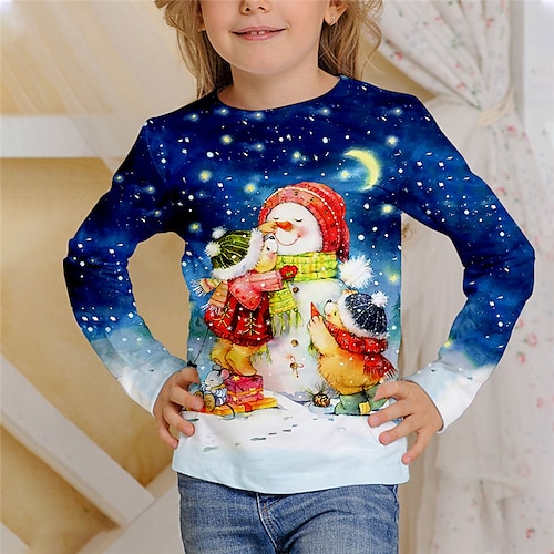 

Kids Girls' Ugly Christmas T shirt Snowman Christmas Gifts 3D Printing Long Sleeve Crewneck Cute 7-13 Years Winter Green Blue Navy Blue