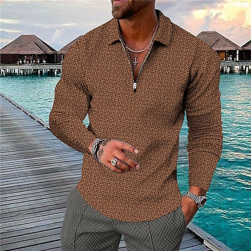 

Men's Polo Shirt Golf Shirt Graphic Prints Geometry Turndown Yellow Gray 3D Print Outdoor Street Long Sleeve Zipper Print Clothing Apparel Fashion Designer Casual Soft