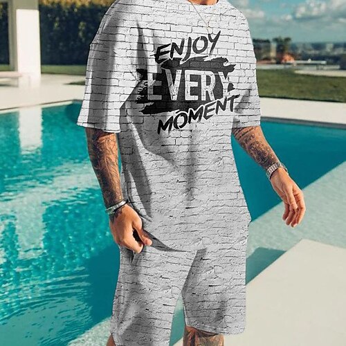

Men's Shorts and T Shirt Set T-Shirt Outfits Letter Graphic Prints Crew Neck Gray 3D Print Outdoor Street Short Sleeve 3D Print Clothing Apparel 2pcs Basic Classic Comfortable Big and Tall