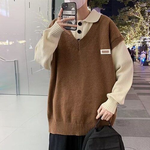 

Men's Pullover Sweater Ribbed Knit Button Knitted Color Block Lapel Stylish Keep Warm Daily Wear Vacation Clothing Apparel Winter Fall Green Navy Blue M L XL