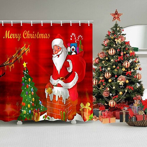 

Christmas Shower Curtain with Hooks,Christmas Snowy Bathroom Shower Curtain Casual Polyester New Design