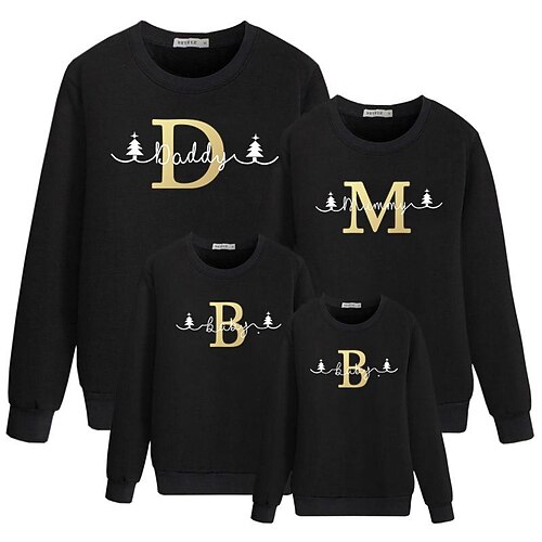 

Family Christmas Sweatshirt Letter Casual Black Red Long Sleeve Daily Matching Outfits