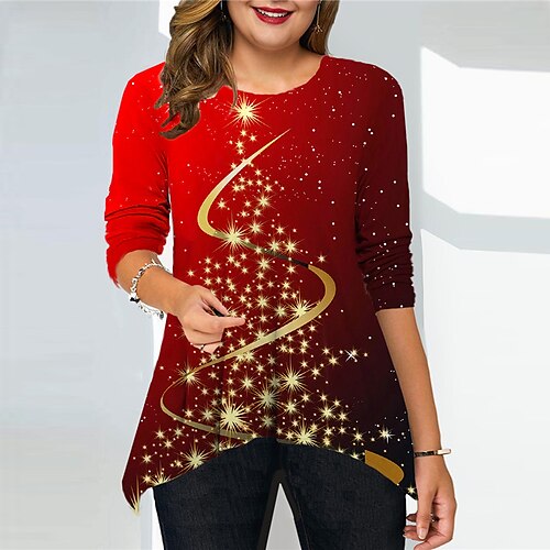 

Women's Plus Size Christmas Tops T shirt Tee Deer Santa Claus Print Long Sleeve Crew Neck Casual Festival Daily Cotton Spandex Jersey Winter Fall Blue Wine