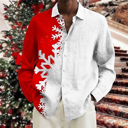 

Men's Shirt Graphic Prints Snowflake Turndown Green Wine 3D Print Christmas Street Long Sleeve Button-Down Print Clothing Apparel Fashion Designer Casual Soft