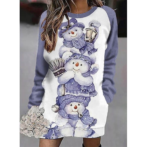 

Women's Hoodie Dress Streetwear Pocket Purple Snowman Christmas Round Neck Long Sleeve S M L XL 2XL 3XL