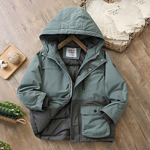 

Kids Boys Coat Outerwear Color Block Plain Long Sleeve Zipper Coat Daily Cotton Active Cool Green Winter Fall 3-12 Years