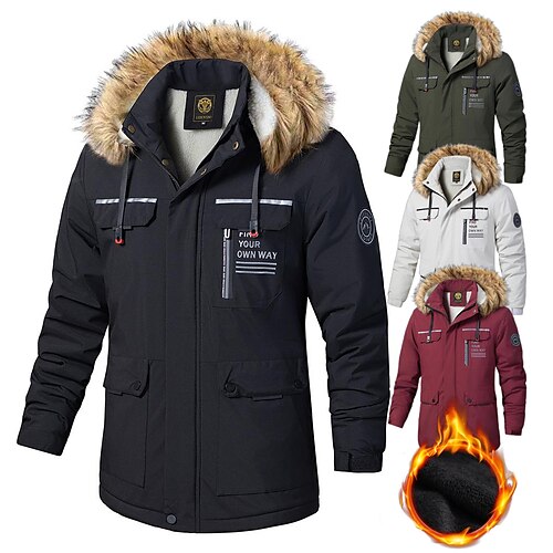 

Men's Cargo Jacket Hiking Windbreaker Hiking Fleece Jacket Winter Outdoor Thermal Warm Windproof Fleece Lining Breathable Outerwear Parka Trench Coat Hunting Ski / Snowboard Fishing Black Wine Ivory