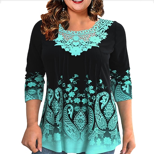 

Women's Plus Size Tops Blouse Floral Lace Print Long Sleeve Crewneck Casual Daily Going out Polyester Winter Fall Blue