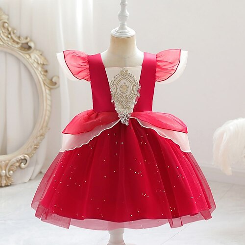 

Kids Girls' Party Dress Solid Color Party Dress Dress Special Occasion Off Shoulder Short Sleeve Princess Dress 3-10 Years Spring Red