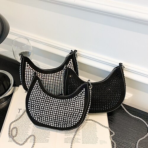 

Women's Leather Bag Baguette Bag Chain Bag Crossbody Bag Shoulder Bag PU Leather Crystals Chain Plain Daily Silver Black Rainbow