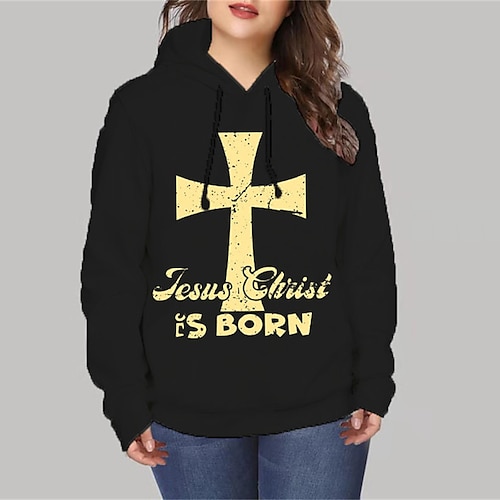 

Women's Plus Size Tops Hoodie Sweatshirt Letter Print Long Sleeve Hooded Casual Daily Vacation Polyester Winter Fall Black And White Black