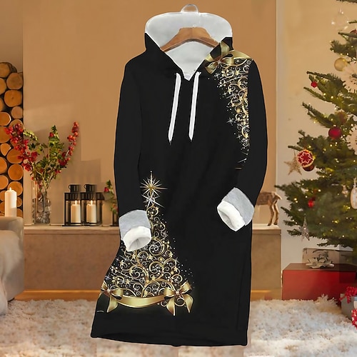 

Women's Christmas Hoodie Dress Shift Dress Mini Dress Blue Gold Red Long Sleeve Letter Print Fall Spring Hooded Fashion Christmas Daily Date Loose Fit 2022 S M L XL XXL 3XL