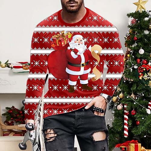 

Men's T shirt Tee Santa Claus Graphic Prints Crew Neck Red 3D Print World Cup Outdoor Christmas Long Sleeve Print Clothing Apparel Basic Sports Designer Casual
