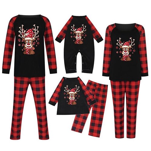 

Christmas Pajamas Family Plaid Elk Home Red Long Sleeve Basic Matching Outfits