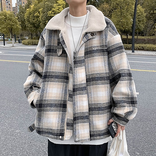 

Men's Winter Coat Fleece Jacket Travel Casual Daily To-Go Weekend Zipper Lapel Warm Ups Check Jacket Outerwear Plaid Sexy Apricot Blue