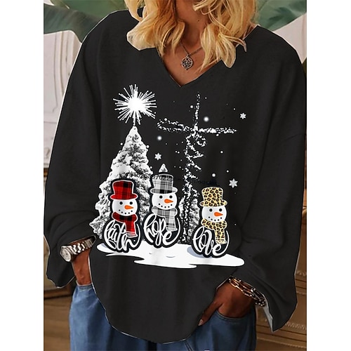 

Women's Plus Size Christmas Tops T shirt Tee Letter Snowman Print Long Sleeve V Neck Casual Festival Daily Cotton Spandex Jersey Winter Fall Black