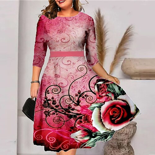 

Women's Plus Size Work Dress Floral Crew Neck 3/4 Length Sleeve Winter Fall Stylish Work Midi Dress Work Going out Dress