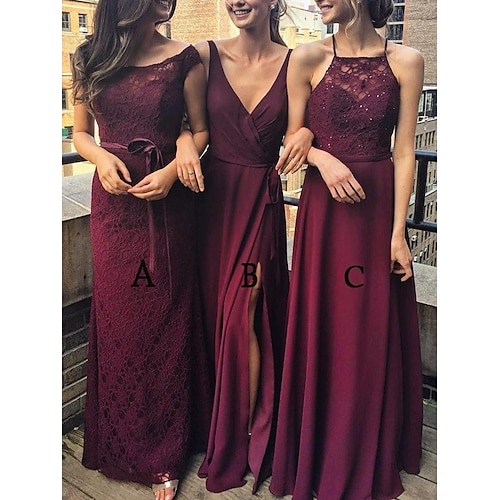 

Sheath / Column Bridesmaid Dress Halter Neck / V Neck / Jewel Neck Sleeveless Elegant Floor Length Chiffon / Lace with Split Front / Solid Color 2022