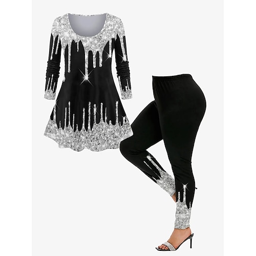 

Women's Plus Size Tops Christmas Set Graphic Long Sleeve Crew Neck Print Holiday Modern Vacation Weekend Polyester Winter Fall Black