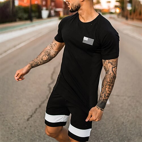 

Men's T-shirt Suits Shorts and T Shirt Set Graphic Prints National Flag Crew Neck Black Blue White Hot Stamping Street Daily Short Sleeve Print Clothing Apparel 2pcs Fashion Designer Casual