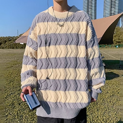 

Men's Pullover Sweater Cable Knit Knitted Oversize Color Block Crewneck Stylish Keep Warm Daily Wear Vacation Clothing Apparel Winter Fall Black Brown M L XL