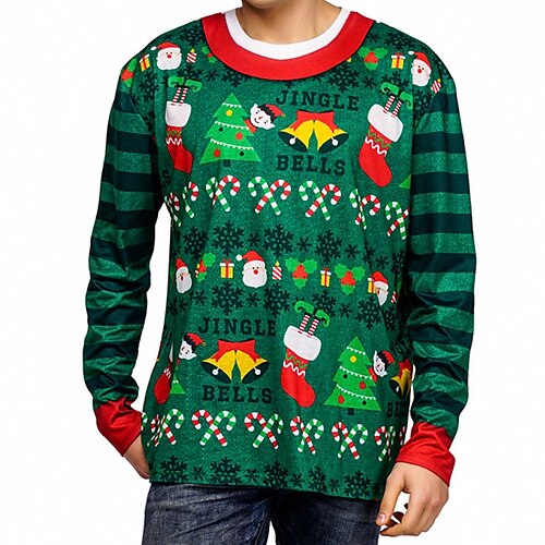 

Men's T shirt Tee Graphic Prints Ugly Christmas Crew Neck Green 3D Print Outdoor Christmas Long Sleeve Print Clothing Apparel Basic Fashion Designer Casual
