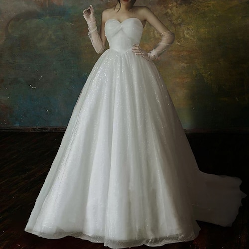 

Ball Gown Wedding Dresses Strapless Court Train Tulle Sleeveless Sexy Luxurious Sparkle & Shine with Pleats Sequin 2022