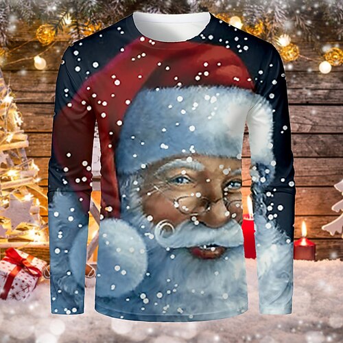 

Men's Christmas T shirt 3D Print Graphic 3D Long Sleeve Tops Basic Round Neck Black / Gray