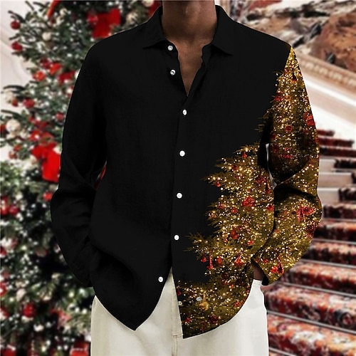 

Men's Shirt Tree Graphic Prints Turndown Green Gold 3D Print Outdoor Street Long Sleeve Button-Down Print Clothing Apparel Fashion Designer Casual Soft