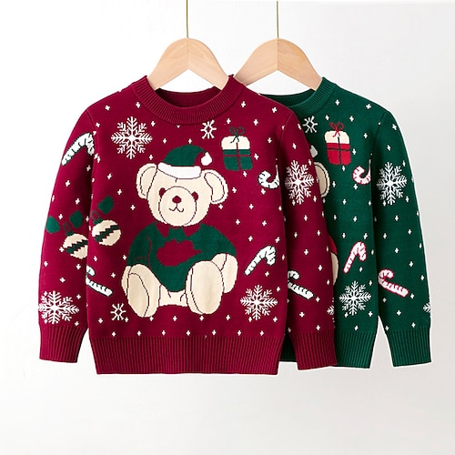 

Toddler Girls' Ugly Christmas Sweater Bear School Print Long Sleeve Crewneck Active 3-7 Years Winter Green Wine