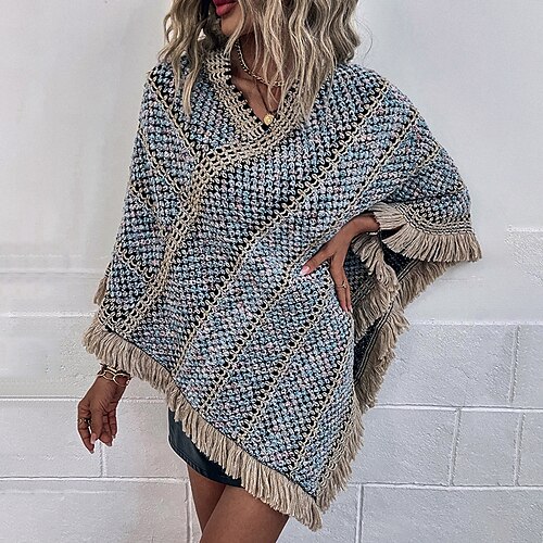 

Women's Shirt Shrugs Black Blue Wine Striped Tassel Crochet Long Sleeve Casual Ponchos Capes V Neck Regular Cotton One-Size