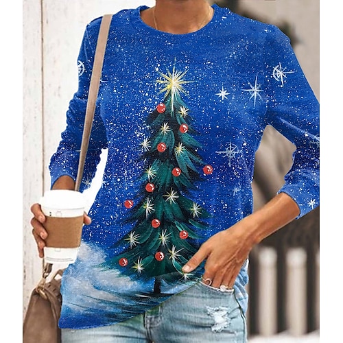 

Women's T shirt Tee Blue Christmas Tree Print Long Sleeve Christmas Weekend Basic Round Neck Regular Floral Painting S