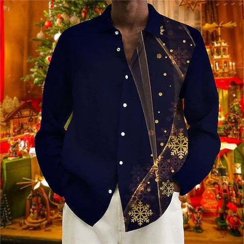 

Men's Shirt Graphic Prints Snowflake Turndown Black Navy Blue 3D Print Christmas Street Long Sleeve Button-Down Print Clothing Apparel Fashion Designer Casual Soft