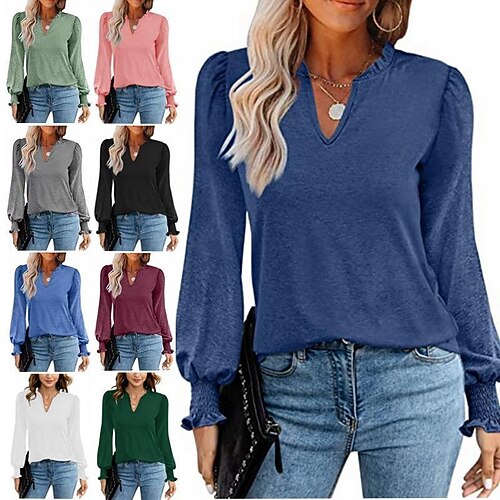 

2022 european and american women's clothing independent station wish fungus edge v-neck pleated puff sleeve casual long-sleeved t-shirt