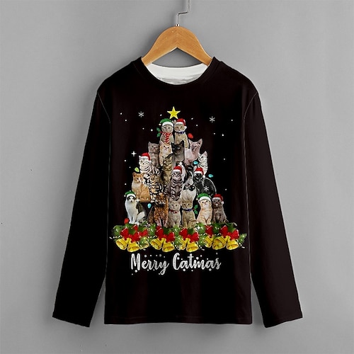 

Kids Boys Ugly Christmas T shirt Tee Cat Letter Christmas Tree Long Sleeve Crewneck Children Top Casual Cute Daily Winter Fall Black 7-13 Years