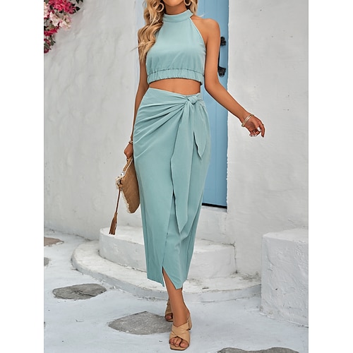 

Women's Two Piece Dress Casual Dress Dress Set Skirt Set Long Dress Maxi Dress caramel Black Light Green Sleeveless Pure Color With Belt Spring Summer Halter Fashion Party Vacation 2023 XS S M L