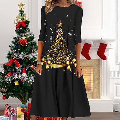 

Women's Casual Dress Shift Dress Midi Dress Midi Dress Black Gold Yellow 3/4 Length Sleeve Letter Ruched Winter Fall Autumn Round Neck Fashion Christmas Daily 2022 S M L XL XXL 3XL