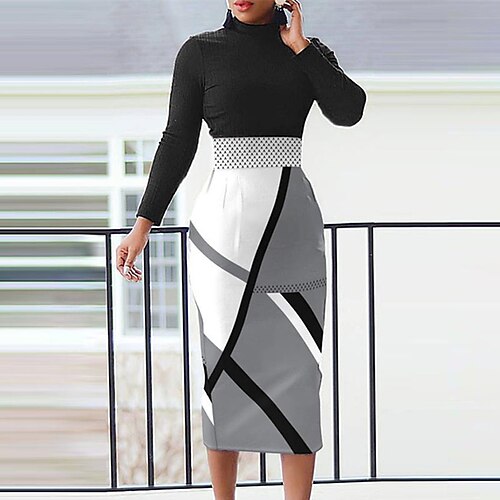 

Women's Work Dress Bodycon Sheath Dress Midi Dress Black Red Gray Long Sleeve Geometric Print Winter Fall Spring Stand Collar Fashion Office 2023 S M L XL XXL 3XL