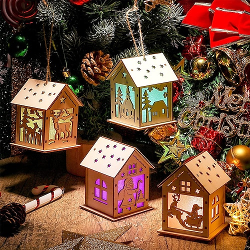 

4pcs Christmas Ornaments Lights Gift Wooden Luminous Cabin LED Luminous Decorative Pendant Santa Claus Christmas Tree Christmas elk Battery Power