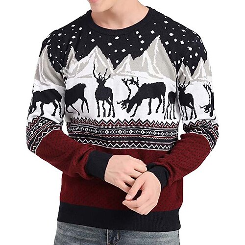 

Men's Sweater Ugly Christmas Sweater Pullover Sweater Jumper Ribbed Knit Cropped Knitted Christmas Pattern Crew Neck Keep Warm Modern Contemporary Christmas Work Clothing Apparel Fall & Winter Red