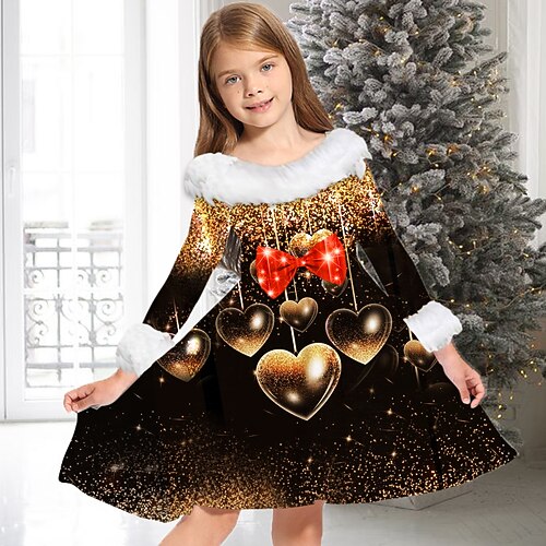 

Kids Girls' Christmas Dress Heart Casual Dress Above Knee Dress Christmas Gifts Fur Trim Crew Neck Long Sleeve Adorable Dress 2-13 Years Winter Black