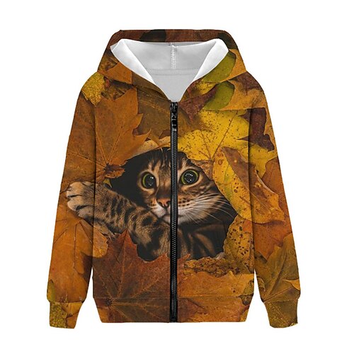 

Kids Boys Hoodie Jacket Outerwear Animal Cat Long Sleeve Zipper Coat Casual Fashion Daily Yellow Winter Fall 7-13 Years