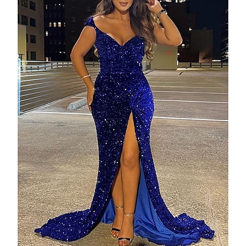 

Mermaid / Trumpet Evening Gown Sparkle & Shine Dress Formal Sweep / Brush Train Sleeveless V Neck Sequined with Sequin Slit 2022